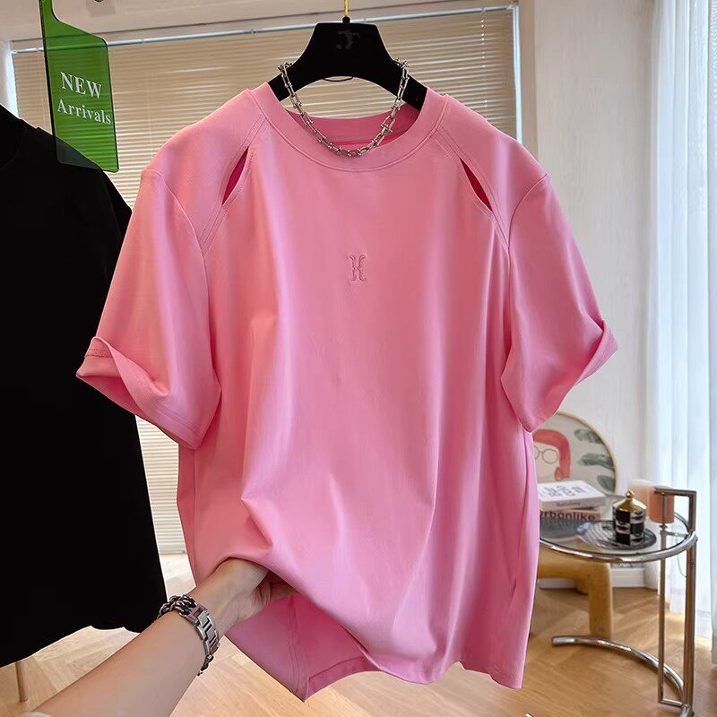 韩版刺绣短袖设计感镂空漏肩T恤女夏季2026新款设计感小众上衣潮