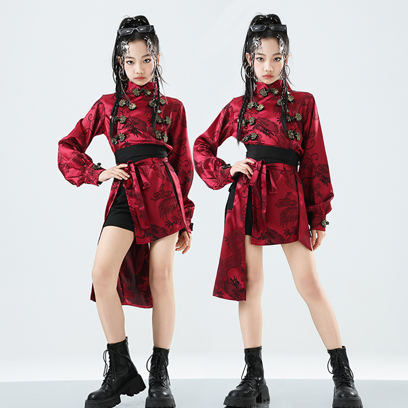 女童国潮爵士舞演出服少儿中国风旗袍模特T台走秀舞蹈服霸气套装