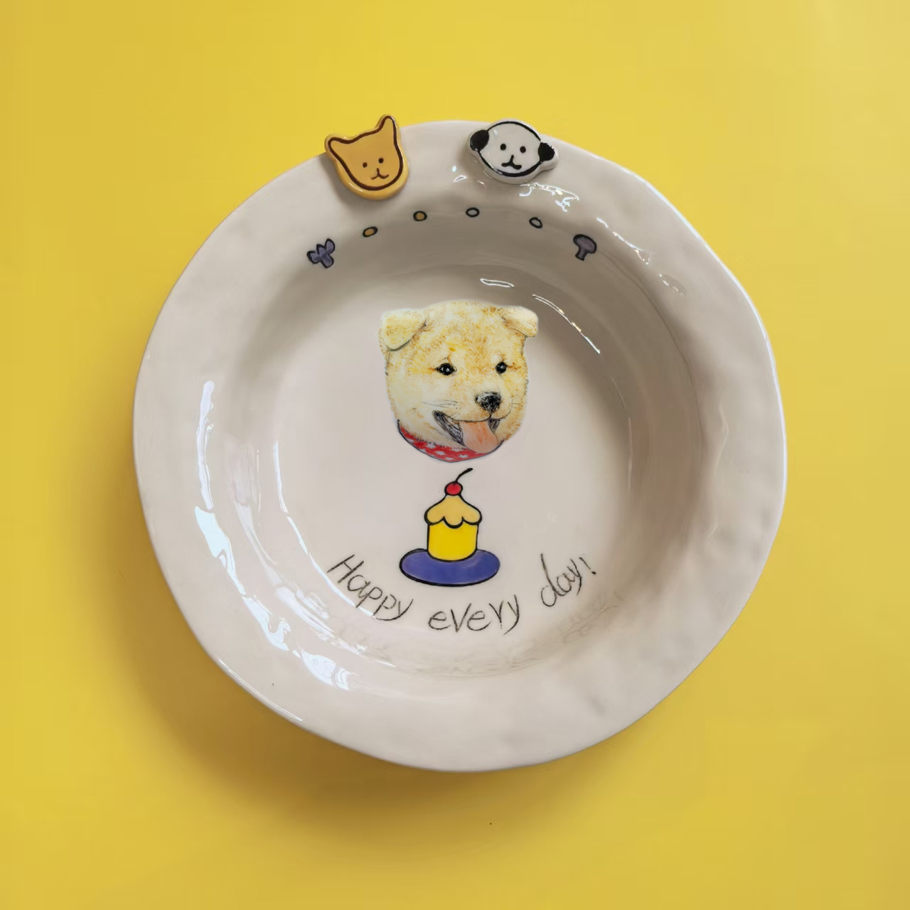 私人定制手绘可爱卡通照片宝宝宠物猫狗陶瓷食盆饭碗水盘赏盘