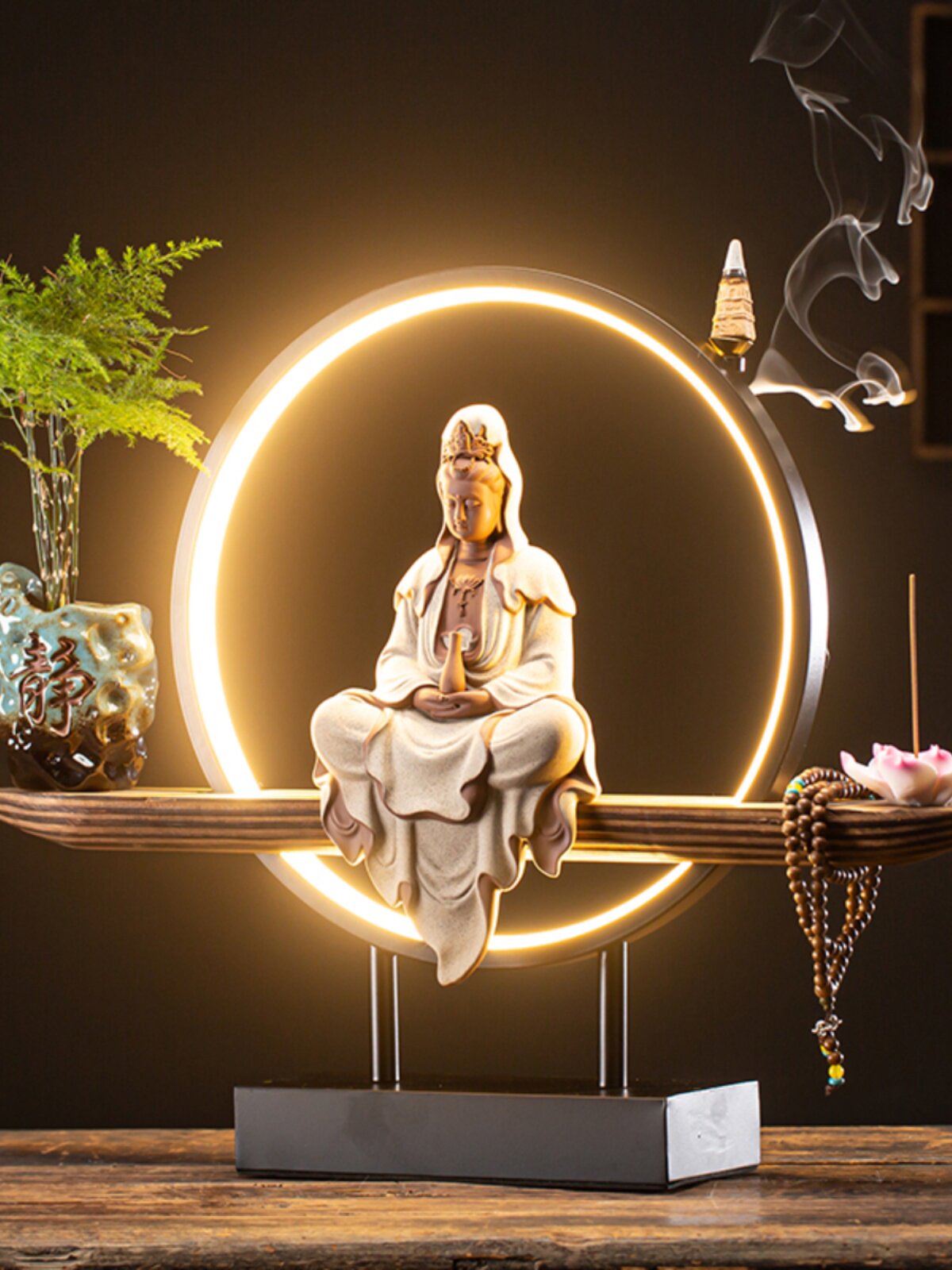 중국어 선 장식품 GUANYIN BODHISATTVA 부처님 동상 세라믹 홈 램프 링 거실 예배 역류 향 입구 장식