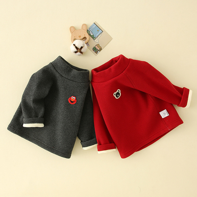 宝宝加绒上衣秋冬加厚男女童纯棉半高领打底衫婴儿一体绒保暖绒衫