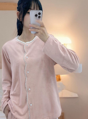 安杜拉 秋季长袖双面绒柔软保暖开扣圆领舒适家居服睡衣套装54412