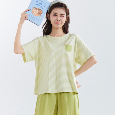 亲情 夏季女士短袖短裤条纹棉圆领套头休闲家居服睡衣套55232004