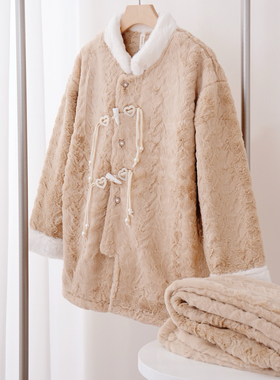 专柜高货 安杜拉冬女立领兔毛绒加厚加绒珍珠扣睡衣家居服套34085