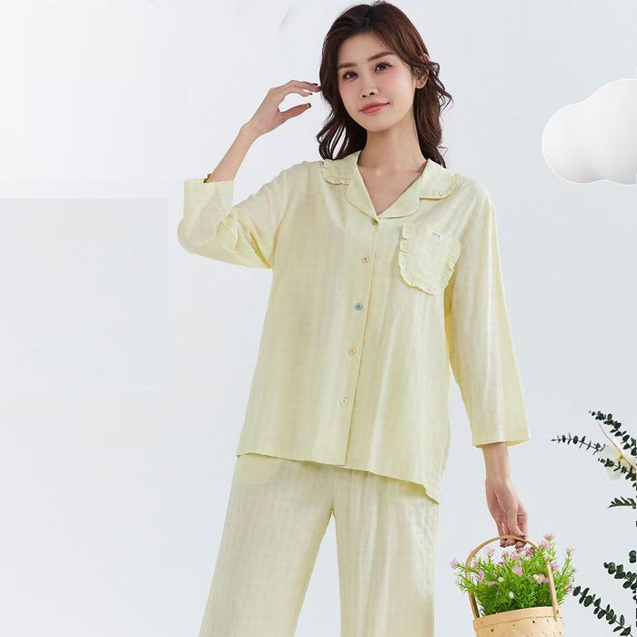 清仓亲情春季女士长袖翻领开扣七分袖长裤家居服睡衣套装55112001