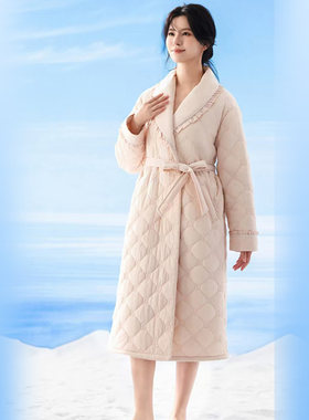 多拉美 冬季女士长款系腰带加厚加绒梭织夹棉睡袍浴袍2455338