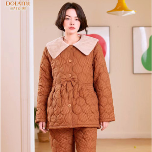 多拉美冬季新款女士可爱娃娃领梭织薄夹棉修身睡衣家居服套53306