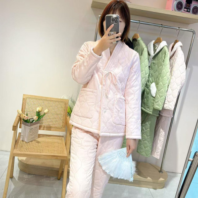 2024安杜拉 冬季女士轻羽棉加绒加厚保暖修身夹棉家居服睡衣48106