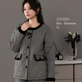 多拉美 冬女士小香风梭织纯棉加绒加厚夹棉外穿睡衣家居服2553204