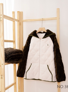 专柜安杜拉冬女士 连帽拉链珊瑚绒夹棉加厚简约睡衣家居服套36097