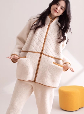 安杜拉冬季女士 新款立领拉链麦穗绒加厚加绒睡衣家居服套装34043