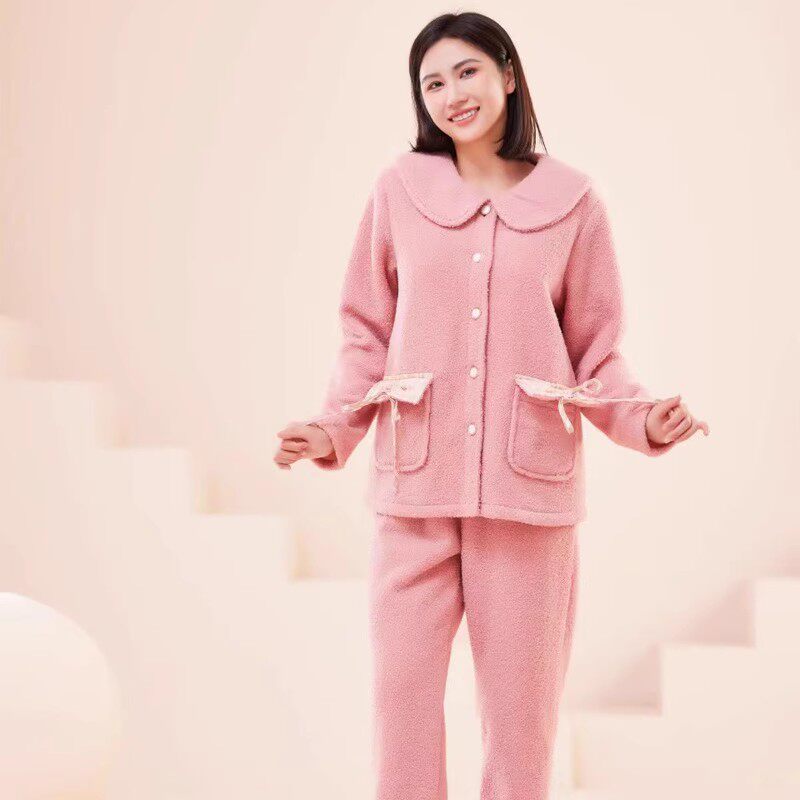 韩蜜蜜秋冬女士泰迪复合绒可爱翻领对襟加厚保暖睡衣家居服223632