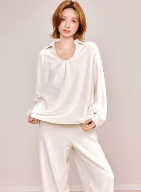 安杜拉2025 女士秋季澳毛绒翻领套头时尚柔软家居服睡衣套装54410