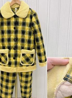 专柜多拉美冬季女梭织格夹棉加厚翻领对襟睡衣可外穿家居服N53241