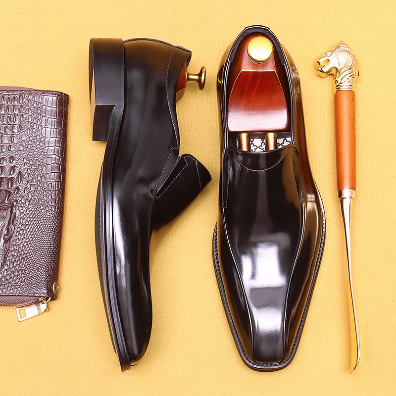 真皮商务正装皮鞋男英伦头层牛皮亮皮手工擦色一脚蹬套脚乐福鞋潮