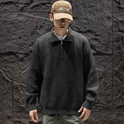 简约休闲毛衣针织衫潮牌时尚秋冬季男士宽松纯色翻领上衣