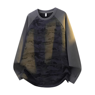 迷彩长袖圆领T恤上衣秋冬季慵懒时髦宽松休闲男士内搭t恤