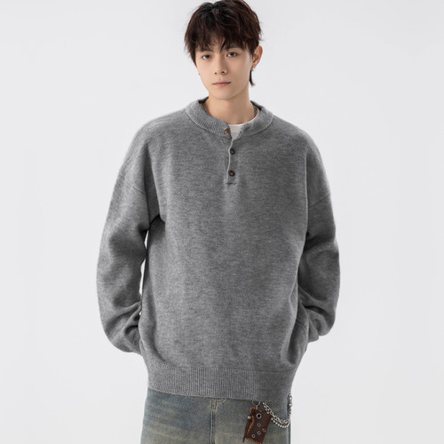 WOODSOON自发热毛衣男生春秋新款灰色潮流百搭宽松长袖休闲外穿男