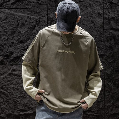 假两件长袖圆领T恤秋冬新款宽松美式潮牌百搭男士t恤上衣