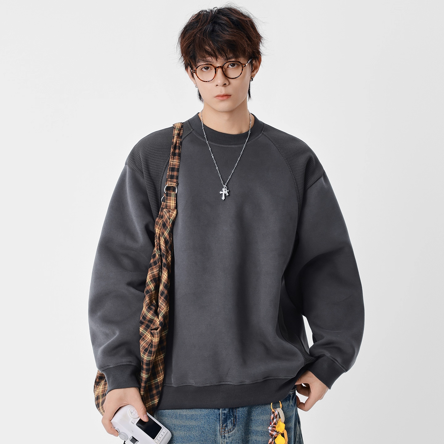 WOODSOON潮牌圆领卫衣男士秋冬季美式拼接撞色长袖休闲打底衫上衣