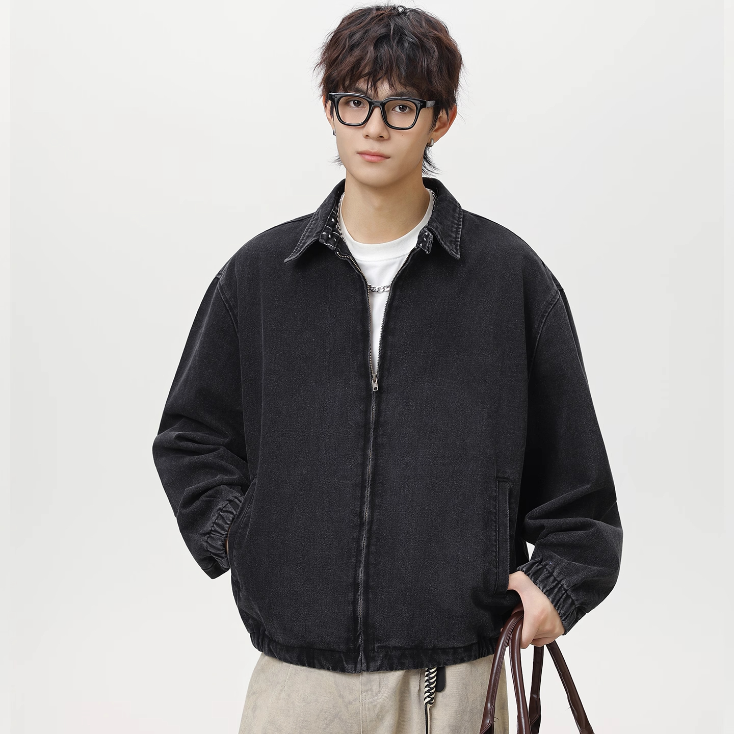 WOODSOON男士翻领牛仔夹克秋冬新款潮流百搭宽松美式复古做旧外套