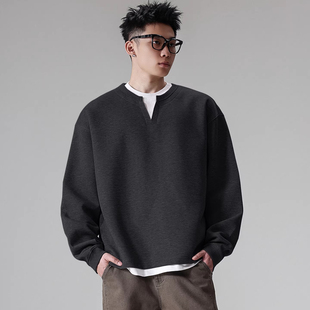 WOODSOON春秋季新款假两件圆领卫衣美式宽松休闲长袖套头内搭上衣