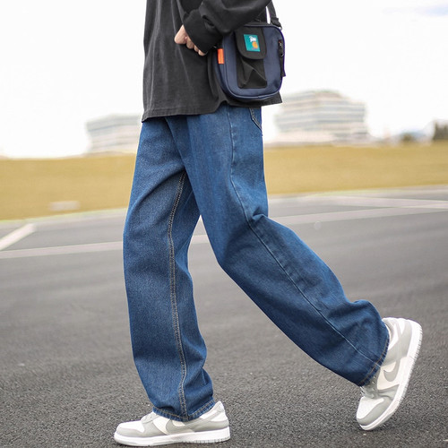 直筒牛仔裤男士秋冬季高街宽松阔腿美式高街水洗复古长裤