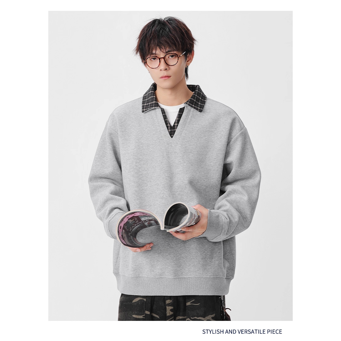 WOODSOON休闲卫衣男士秋冬新款百搭潮牌宽松格纹翻领长袖外套上衣