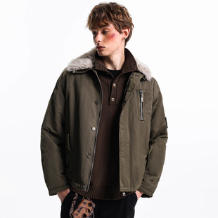 工装复古毛领棉衣外套冬季新款男士宽松防风美式潮牌棉服