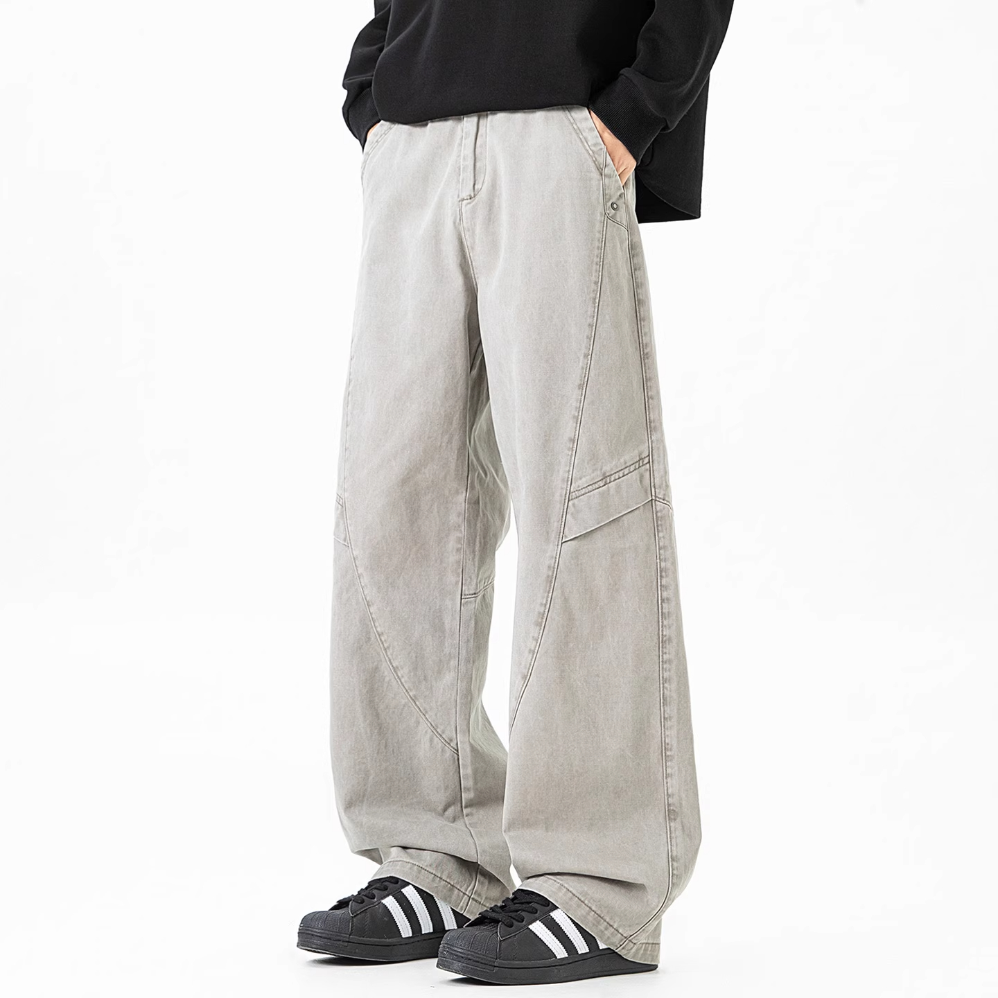 WOODSOON美式纯棉阔腿裤男士秋冬季新款宽松休闲裤潮流百搭长裤子