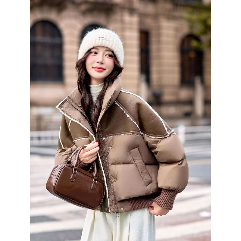 PU皮拼接羽绒服女冬季短款气质时尚洋气时髦2025新款今年流行百搭