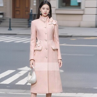 秋冬季新款时尚千金风立体花设计感收腰长款毛呢大衣外套女