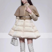 2025冬新款 轻奢高领设计撞色毛呢披肩长袖 收腰A字大摆羽绒服外套