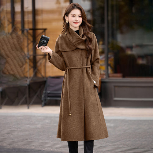 设计感围巾领双面毛呢大衣女2025新款气质时尚呢子外套