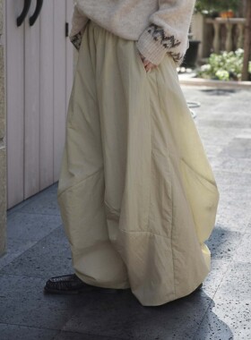 新款韩版简约时髦立体拼接高腰阔腿休闲裤廓形宽松长裤女