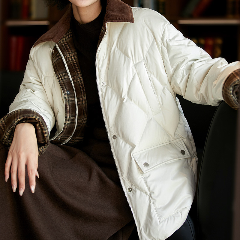 暖fufu~高档羽绒服 工装风灯芯绒翻领菱格三防95鹅绒外套女装