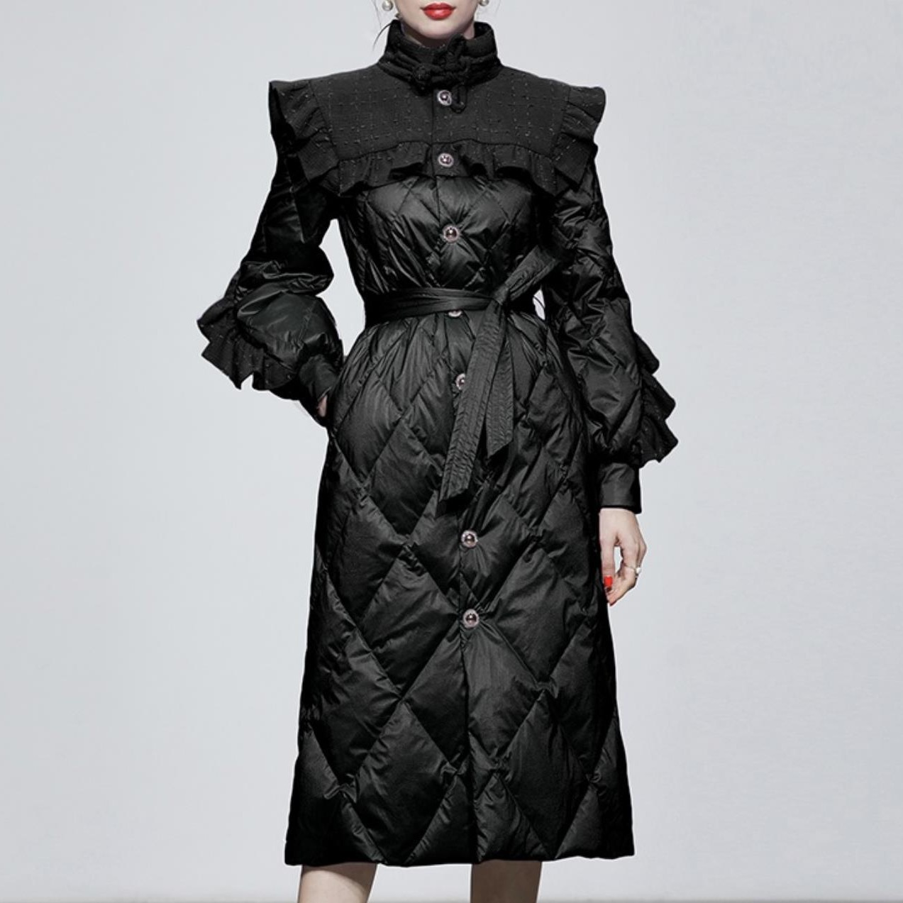 冬季女装新款黑色收腰中长款白鸭绒羽绒服加厚过膝面包服外套