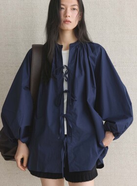 早春新款日系复古设计正反两穿系带灯笼袖衬衫宽松廓形上衣女