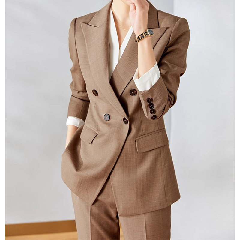 咖色通勤羊毛西装套装女面试OL休闲西服小脚裤两件套