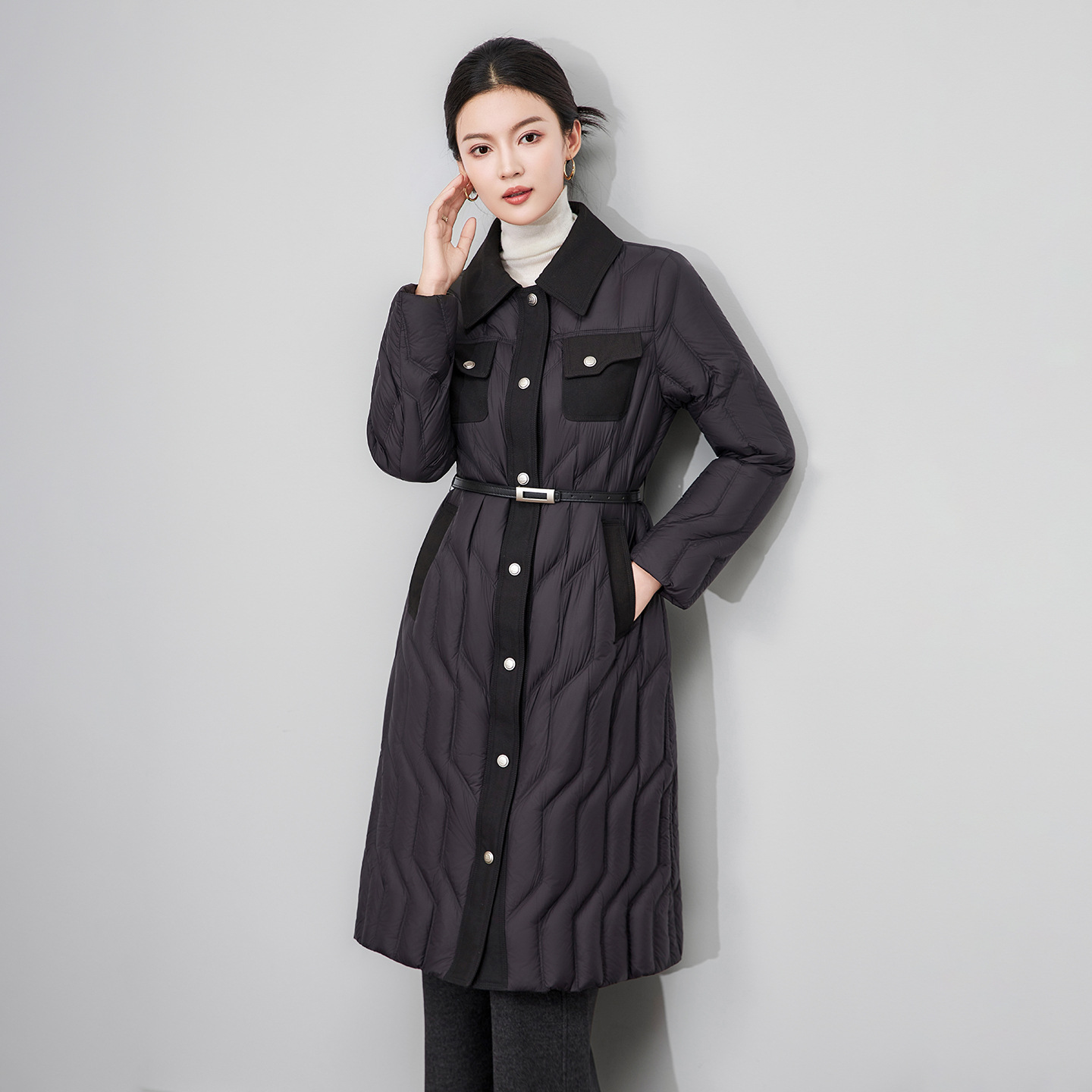 轻奢90白鹅绒修身显瘦腰带过膝长款羽绒服外套防风保暖女