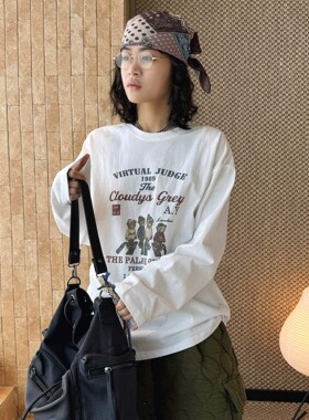 春季新款美式复古字母印花趣味长袖恤宽松落肩上衣女