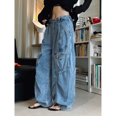 春款美式复古解构分割多口袋重工工装牛仔裤阔腿长裤女