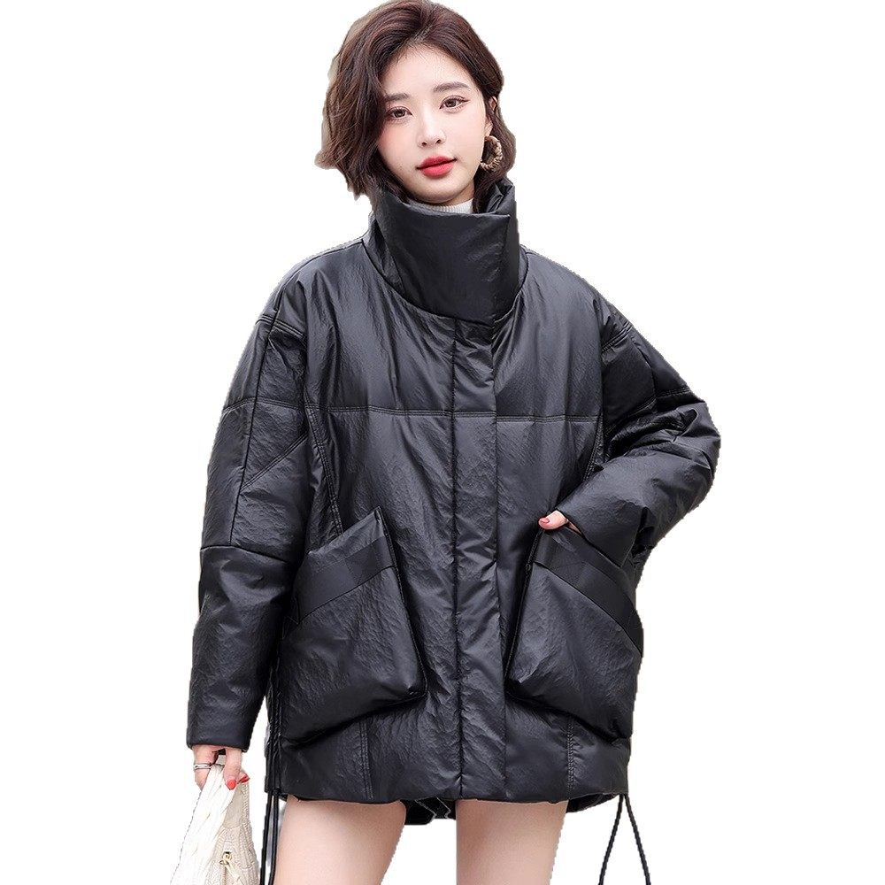 真皮羽绒服女中长款韩版宽松大码蝙蝠袖皮衣加厚外套