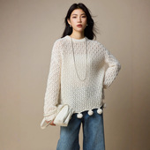 设计感100羊毛镂空显瘦毛衣针织衫 韩系穿搭上衣 女装 2025秋季 新款