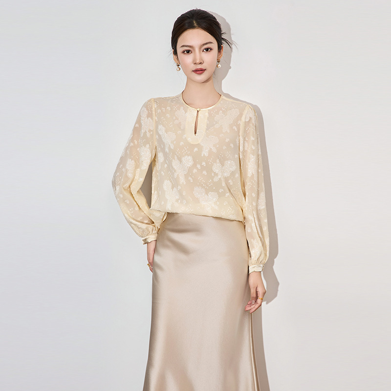 法式气质典雅烧花雪纺衬衫国风精致灯笼袖上衣