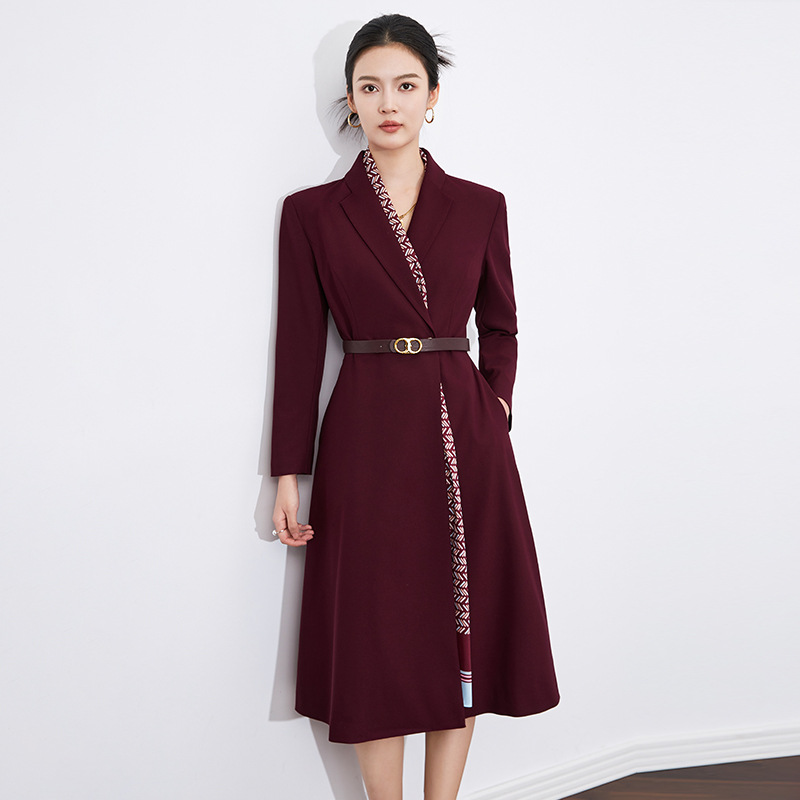 安哥拉红法式感收腰通勤羊毛西装领长袖裙子女秋冬款