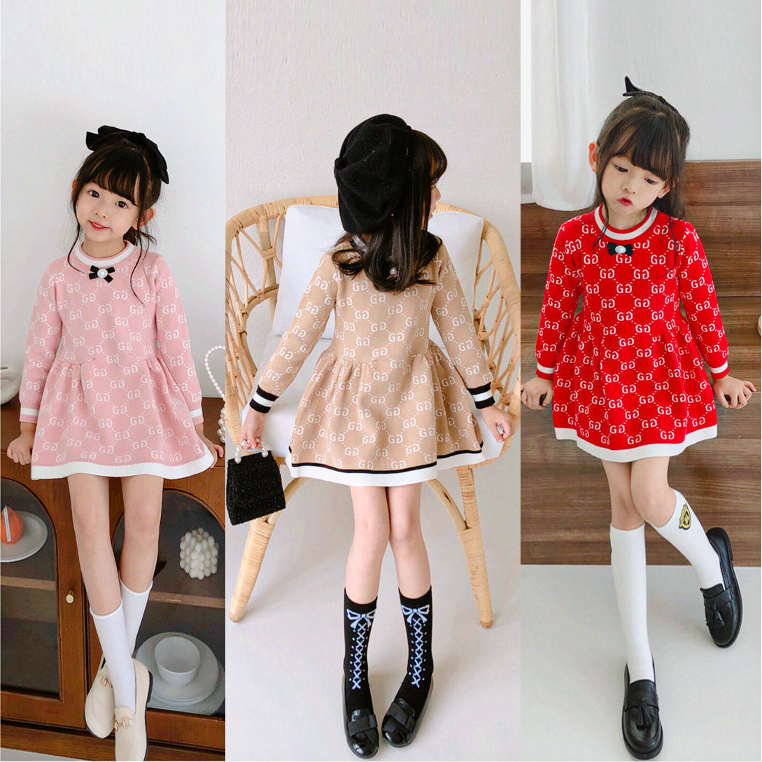 女童宝宝英伦字母针织毛衣裙春秋保暖洋气蝴蝶结学院风公主礼服裙