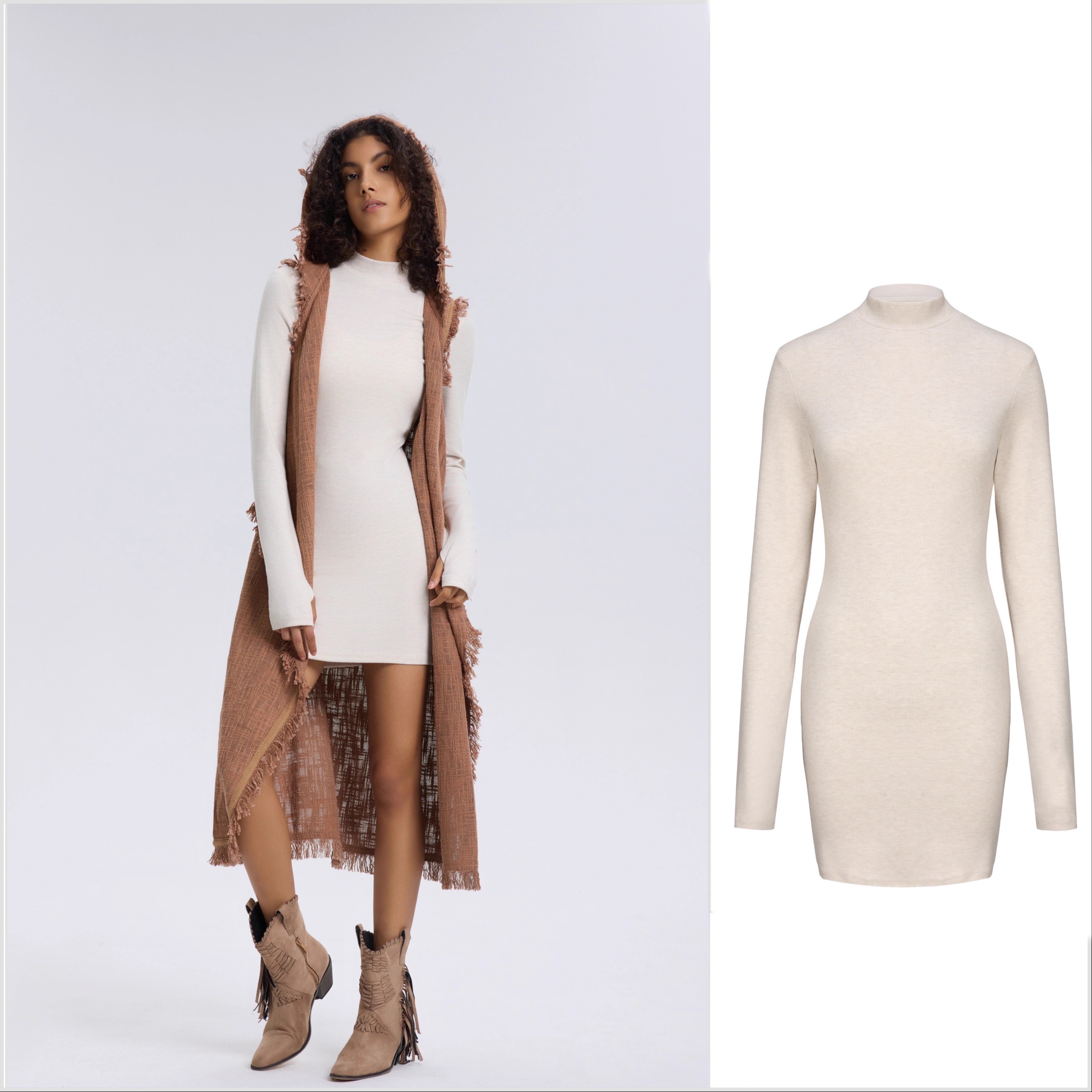 修身显瘦奶白色包臀长袖连衣裙