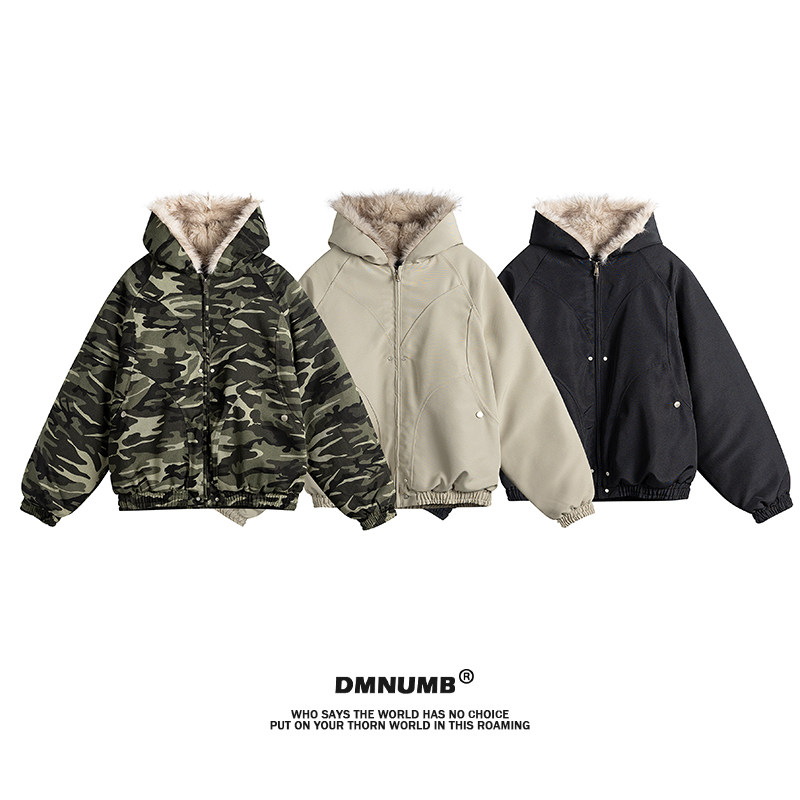 美式复古迷彩毛领连帽棉衣