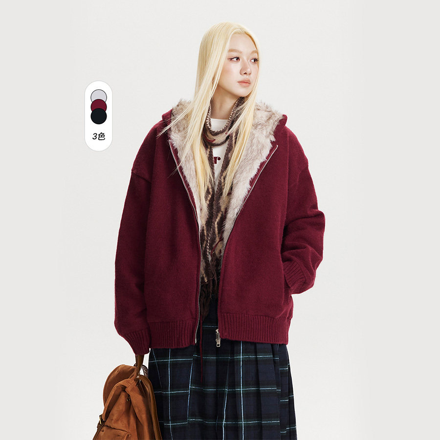 美式复古慵懒风连帽毛衣棉服